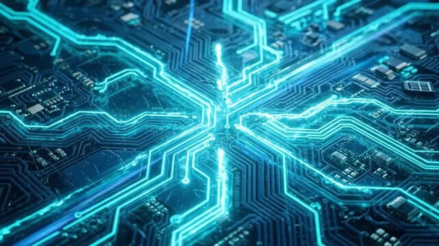 Glowing blue circuit board with intricate electronic pathways and components showcasing advanced technology digital data flow microchip close up network printed circuit motherboard connection