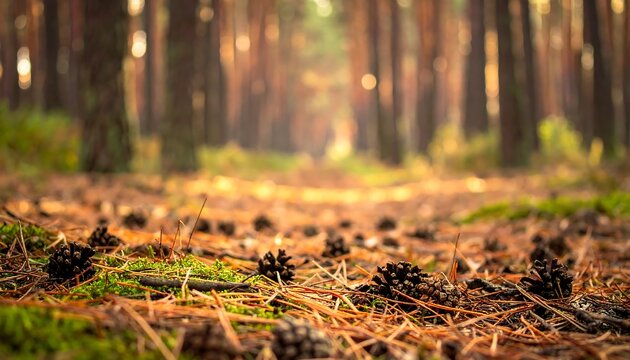 Pine cones and needles litter ground of sun-drenched forest path with tree trunks fading into background