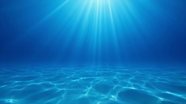 Wide shot of vibrant deep blue underwater ocean with bright sun rays filtering through rippling surface