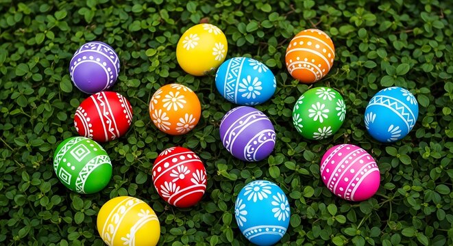 Vibrant easter eggs on lush green grass background with colorful patterns