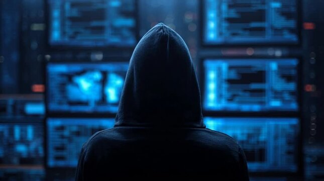 Abstract hacking concept with blurred silhouette using computer in dark room illuminated by multiple screens with flowing data patterns
