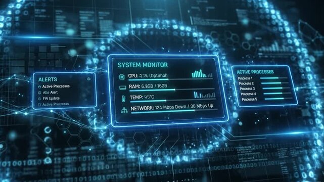 System monitor interface displaying CPU usage, RAM memory, temperature, network speed, and active processes futuristic digital environment with holographic data visualization and cyber security