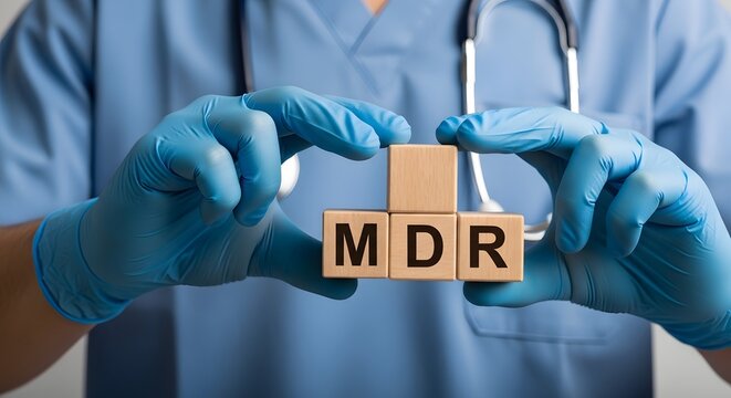 Medical professional holding blocks with mdr letters symbolizing medical device regulation