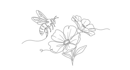 Minimalist line art bee flying towards cosmos flowers, simple nature sketch © Azizi