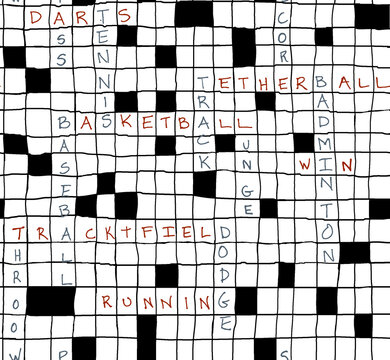 Sports crossword puzzle with various athletic activities