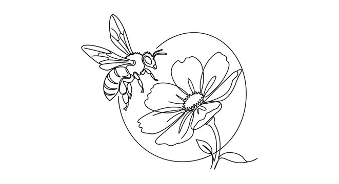 Minimalist bee and flower line art, single line drawing, nature illustration
