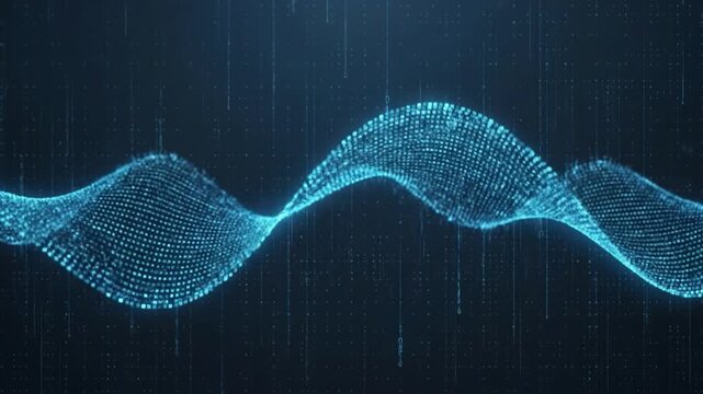 Digital wave with glowing blue particles and binary code flowing through futuristic technology, representing dynamic data stream, abstract network motion, and innovative visualization digital art flow