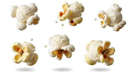 Floating popcorn pieces with caramelized toppings in mid-air against a plain background
