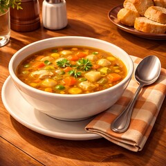 A semi-realistic 3D scene of a dining table setup with a bowl of soup, a spoon, and a folded napkin beside it. With glossy broth reflections, ceramic bowl texture, and soft fabric folds