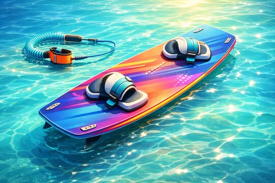 A semi-realistic 3D scene of a colorful kiteboard floating on ocean water beside a surfboard leash. With smooth board surfaces, bright tropical colors, and reflective water highlights