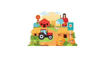 Flat Vector Illustration of Asian Farm Life: Female Farmer, Red Tractor, Traditional Huts, and Happy Crops