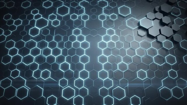 Glowing hexagon pattern with futuristic digital 3D geometric shapes on dark blue background showcasing modern abstract technology design network connection science innovation data cyber interface grid