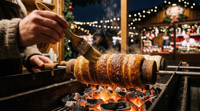 Fresh chimney cake or kurtoskalacs being glazed over hot coals at a festive market
