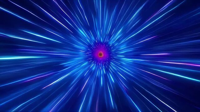 Wide shot of vibrant neon light streaks radiating from a center point in a high speed futuristic wormhole