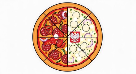 A pizza, divided into four sections, offers a diverse range of toppings. The Polish coat of arms sits in one quadrant, symbolizing national pride