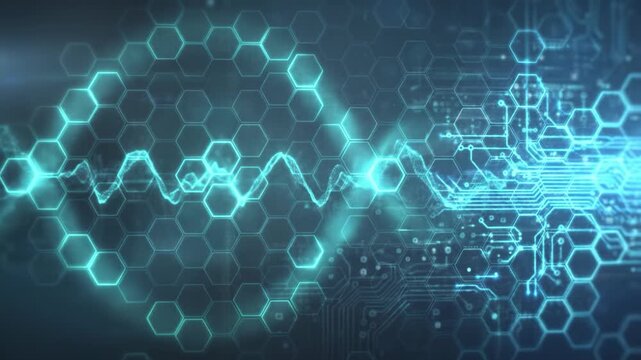 Digital technology futuristic interface with glowing hexagonal pattern and circuit board lines, abstract blue light data visualization, innovation network connection design background effect