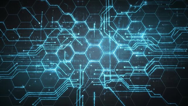 Digital circuit technology background blue hexagon pattern futuristic design electronic network abstract glowing lines data connection computer interface high tech digital grid cyber innovation