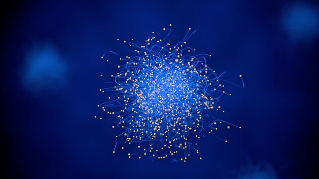 Dense blue sphere of thin branching lines with glowing yellow tips. Concept for neural network, collective intelligence, cellular growth, interconnectedness, spreading of ideas, creativity, innovation