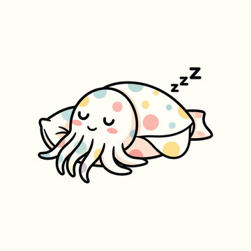 A cartoon illustration of a sleeping cuttlefish on a pillow, adorned with polka dots and "zzz" above