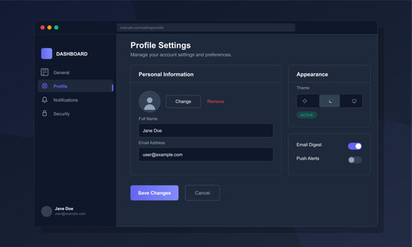 A modern user profile settings dashboard interface in dark mode