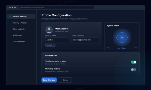 A dark mode user profile configuration dashboard featuring account
