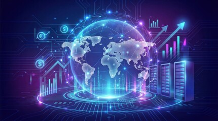 Fototapeta premium Global business network with data servers and financial growth indicators