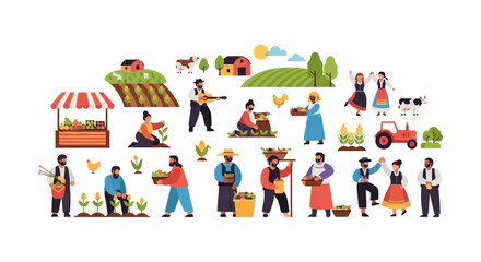 Obraz premium Big Flat Vector Set of Farmers, Agriculture, and Rural Life. People harvesting crops, working on the farm, market stand, tractor, and folk dance.