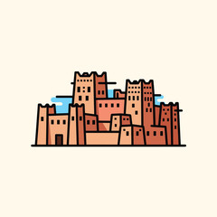 Fototapeta premium A cartoon illustration of a desert town, with tan and reddish-brown blocky buildings against a cream background