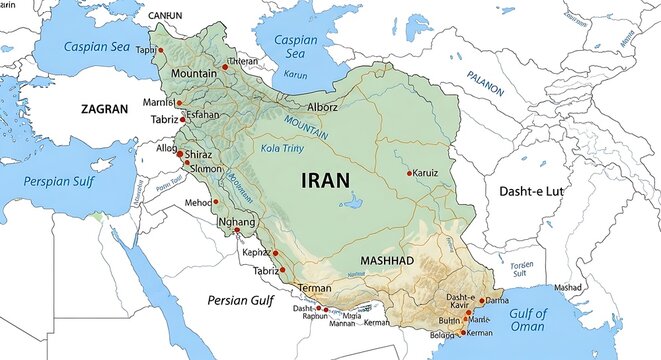 map of iran. detailed map of iran with major cities, caspian sea and persian gulf. geographic illustration.