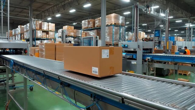 Box on conveyor belt in warehouse