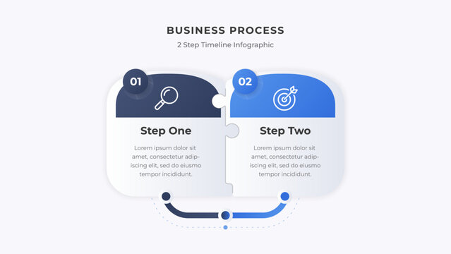 Business process 2 step timeline infographic template with puzzle connection, Modern workflow diagram for corporate presentation, Strategy planning, Process steps and data visualization.