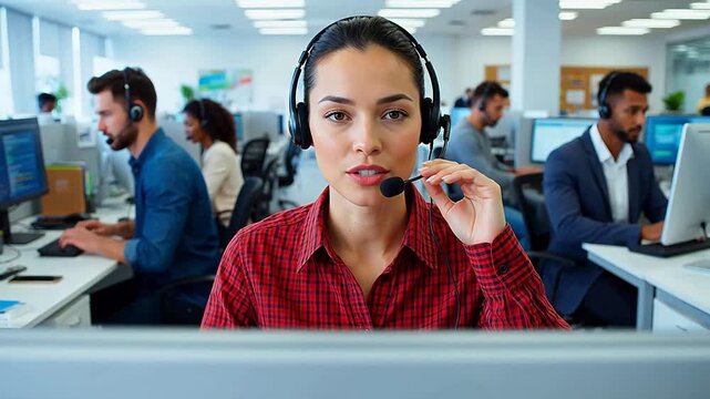 Woman in call center with headset