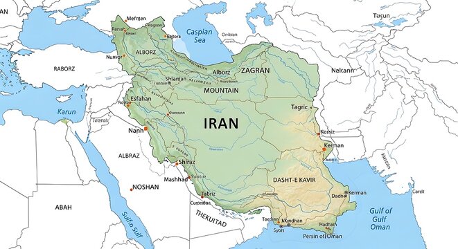 map of iran. detailed map of iran with major cities, caspian sea and persian gulf. geographic illustration.