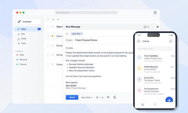 A digital illustration showing a modern email client interface on a