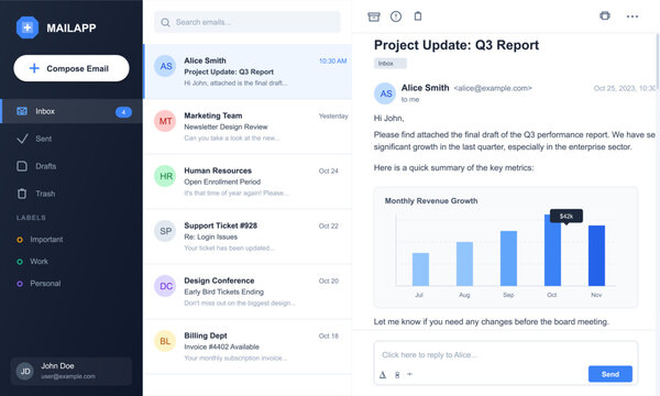 A modern email application user interface featuring a sidebar menu, a