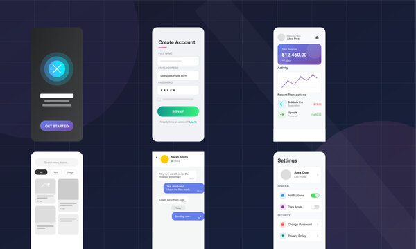 A set of six modern mobile application user interface screens