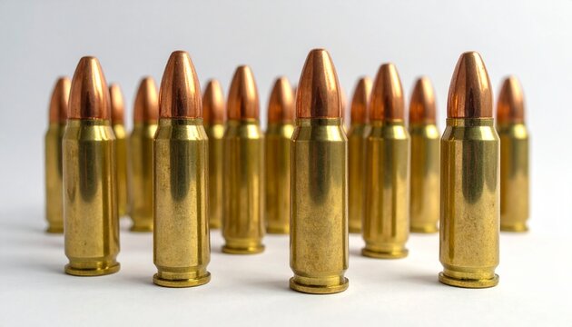 Ammunition Display Arranged on a Clean White Surface Gold and Copper Tones Studio Shot.