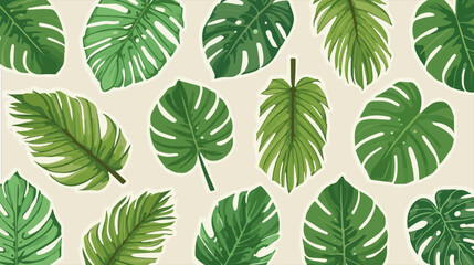 Naklejka premium A vibrant vector template set featuring a collection of sticker green tropical palm leaves in a flat design style with bold lines and solid colors