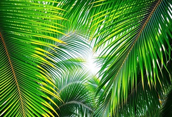 Obraz premium Tropical palm tree leaves forming a natural frame, vibrant green foliage, tropical plant, background
