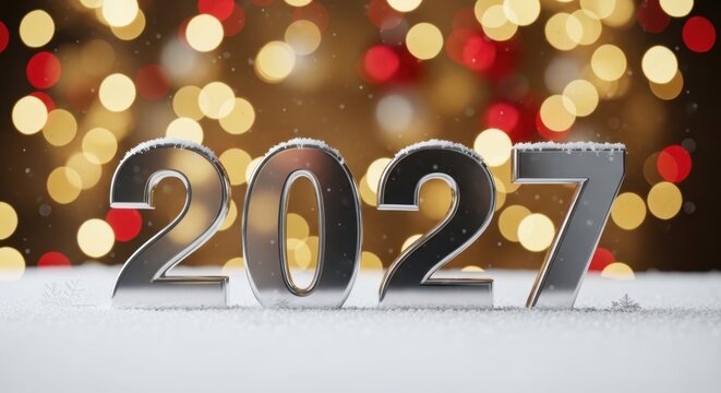 New Year Eve 2027: A glamorous display of a new year's display, with a shiny chrome-plated 2027 numeral sign, placed on a snow-covered surface. The bokeh lights in the background.