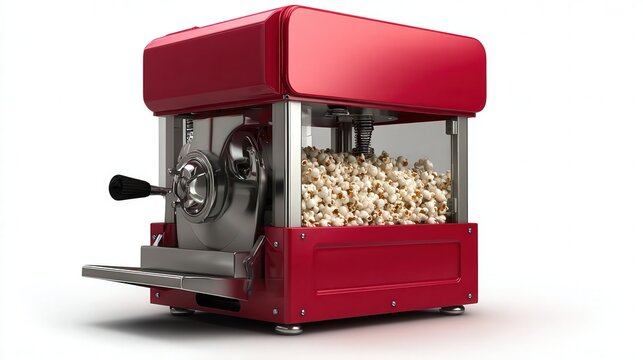 A vintage-style popcorn machine in vibrant red, ready to create fresh popcorn, Ideal for food-related media, event promotions, or home entertainment concepts,