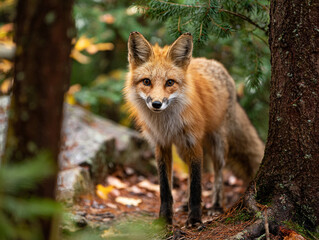 Fototapeta premium A stunning red fox with a fluffy tail stands in an autumn pine forest, gazing directly at the camera. The scene features soft natural lighting, earthy forest floor textures, and blurred trees.
