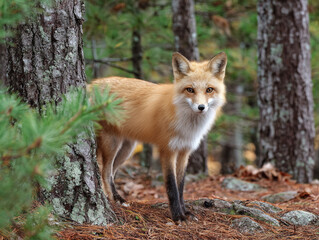 Fototapeta premium A stunning red fox with a fluffy tail stands in an autumn pine forest, gazing directly at the camera. The scene features soft natural lighting, earthy forest floor textures, and blurred trees.