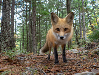 Fototapeta premium A stunning red fox with a fluffy tail stands in an autumn pine forest, gazing directly at the camera. The scene features soft natural lighting, earthy forest floor textures, and blurred trees.
