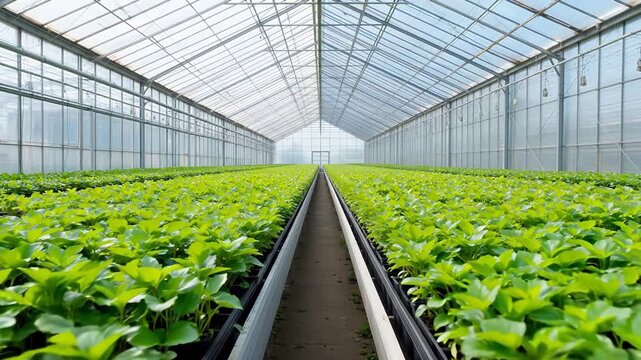 Greenhouse with rows of plants