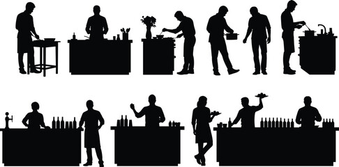 Chef and bartender silhouettes cooking mixing drinks and preparing food at kitchen and bar counters