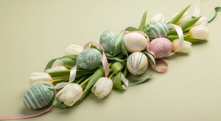 Easter eggs and tulips centerpiece: A vibrant Easter centerpiece features pastel-colored eggs nestled amidst delicate white tulips, adorned with ribbons, all set against a soft, muted backdrop.