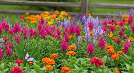 Fototapeta premium Floral Symphony: A vibrant floral display of vivid colors, accompanied by gracefully fluttering butterflies, creating a harmonious and enchanting garden scene.