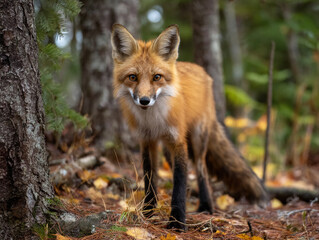 Fototapeta premium A stunning red fox with a fluffy tail stands in an autumn pine forest, gazing directly at the camera. The scene features soft natural lighting, earthy forest floor textures, and blurred trees.