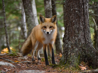 Fototapeta premium A stunning red fox with a fluffy tail stands in an autumn pine forest, gazing directly at the camera. The scene features soft natural lighting, earthy forest floor textures, and blurred trees.
